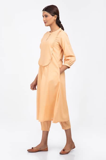 Shop Kalakari by Akanksha Peach Cotton Gota Patti Round Kurta And Salwar Set at Aza Fashions Shop_Kalakari by Akanksha_Peach Cotton Gota Patti Round Kurta And Salwar Set _at_Aza_Fashions