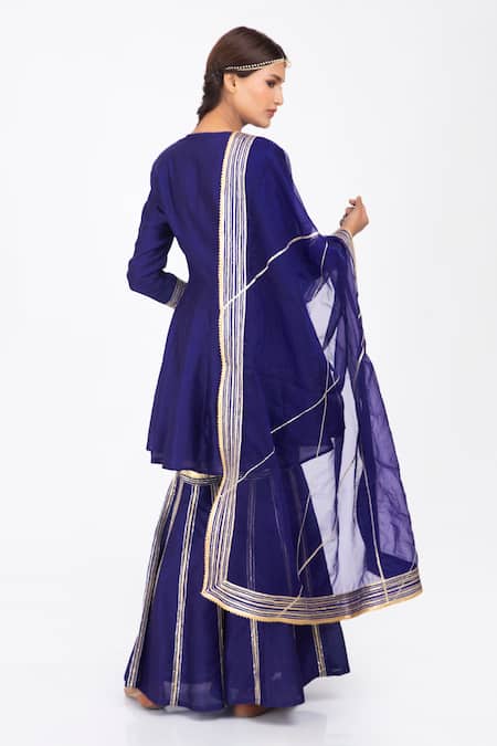 Shop Kalakari by Akanksha Blue Silk Chanderi And Organza Gota Patti V Neck Kurta Gharara Set at Aza Fashions Shop_Kalakari by Akanksha_Blue Silk Chanderi And Organza Gota Patti V Neck Kurta Gharara Set _at_Aza_Fashions
