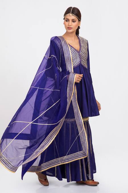 Kalakari by Akanksha Blue Silk Chanderi And Organza Gota Patti V Neck Kurta Gharara Set Online at Aza Fashions Kalakari by Akanksha_Blue Silk Chanderi And Organza Gota Patti V Neck Kurta Gharara Set _Online_at_Aza_Fashions