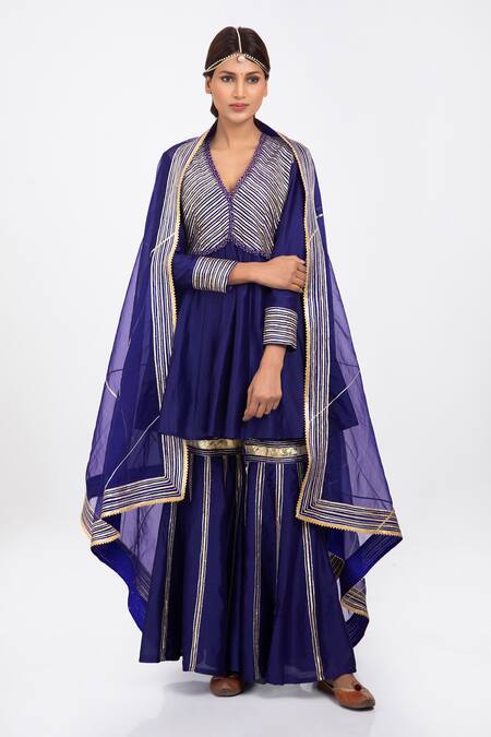 Buy Kalakari by Akanksha Blue Silk Chanderi And Organza Gota Patti V Neck Kurta Gharara Set Online at Aza Fashions Buy_Kalakari by Akanksha_Blue Silk Chanderi And Organza Gota Patti V Neck Kurta Gharara Set _Online_at_Aza_Fashions