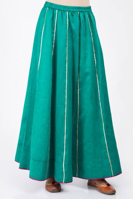 Buy_Kalakari by Akanksha_Blue Silk Chanderi And Organza Gota Patti & Fringe Round Kurta Lehenga Set _Online_at_Aza_Fashions