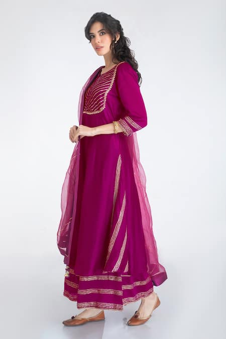 Shop Kalakari by Akanksha Purple Cotton And Organza, Silk Chanderi Gota Patti Leaf Neck Kurta Palazzo Set at Aza Fashions Shop_Kalakari by Akanksha_Purple Cotton And Organza, Silk Chanderi Gota Patti Leaf Neck Kurta Palazzo Set _at_Aza_Fashions