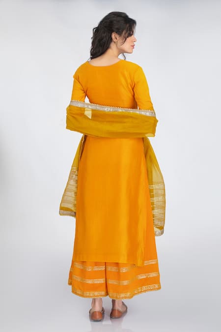 Shop Kalakari by Akanksha Yellow Silk Chanderi And Organza Gota Patti Round Kurta Palazzo Set at Aza Fashions Shop_Kalakari by Akanksha_Yellow Silk Chanderi And Organza Gota Patti Round Kurta Palazzo Set _at_Aza_Fashions
