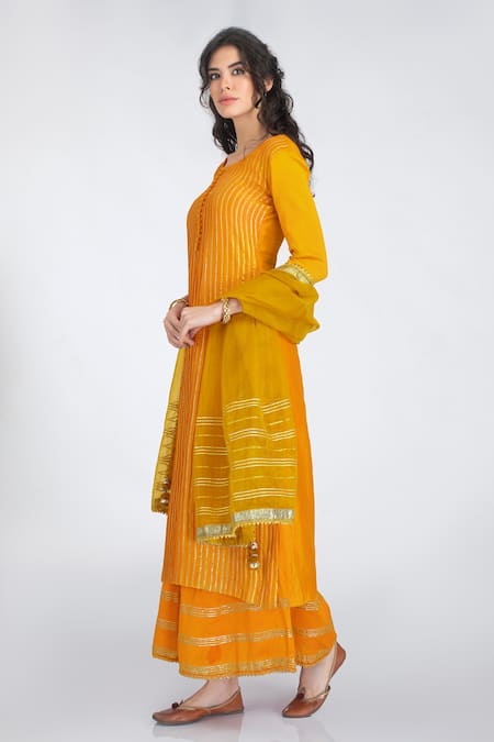 Kalakari by Akanksha Yellow Silk Chanderi And Organza Gota Patti Round Kurta Palazzo Set Online at Aza Fashions Kalakari by Akanksha_Yellow Silk Chanderi And Organza Gota Patti Round Kurta Palazzo Set _Online_at_Aza_Fashions