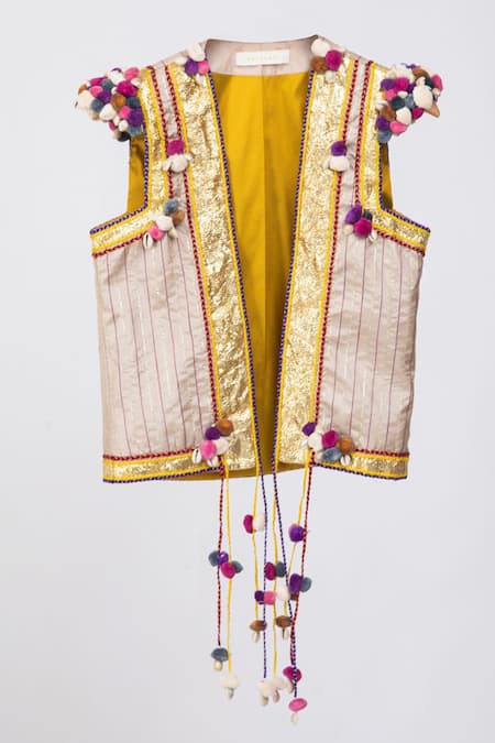 Shop Kalakari by Akanksha Beige Silk Chanderi And Organza Gota Patti, & Shells Open Jacket at Aza Fashions Shop_Kalakari by Akanksha_Beige Silk Chanderi And Organza Gota Patti, & Shells Open Jacket _at_Aza_Fashions