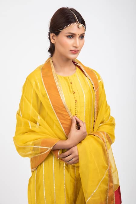 Kalakari by Akanksha Yellow Silk Chanderi And Organza Gota Patti Round Kurta Pant Set Online at Aza Fashions Kalakari by Akanksha_Yellow Silk Chanderi And Organza Gota Patti Round Kurta Pant Set _Online_at_Aza_Fashions