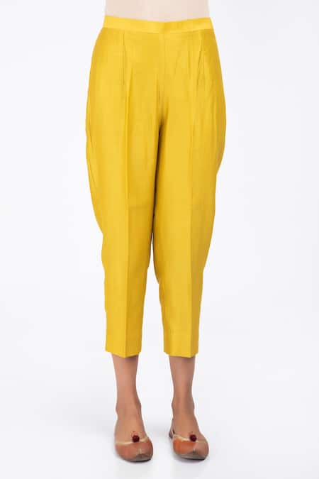 Buy_Kalakari by Akanksha_Yellow Silk Chanderi And Organza Gota Patti Round Kurta Pant Set _Online_at_Aza_Fashions