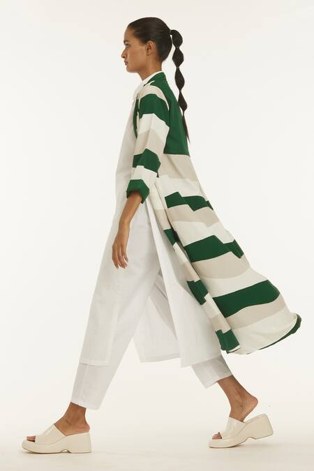 Three_Green 100% Cotton Poplin And Bemberg Collared Neck Striped Long Jacket & Kurta Set_Online_at_Aza_Fashions
