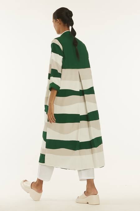 Buy_Three_Green 100% Cotton Poplin And Bemberg Collared Neck Striped Long Jacket & Kurta Set_Online_at_Aza_Fashions
