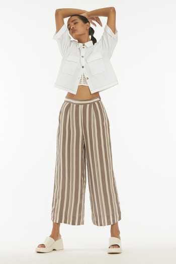 Three_White Cotton Poplin Spread Collar Cropped Jacket With Striped Pants_Online_at_Aza_Fashions