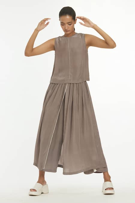 Three Grey Crepe Round Sleeveless Top And Overlay Pant Set  