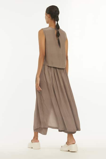 Shop Three Grey Crepe Round Sleeveless Top And Overlay Pant Set at Aza Fashions Shop_Three_Grey Crepe Round Sleeveless Top And Overlay Pant Set _at_Aza_Fashions
