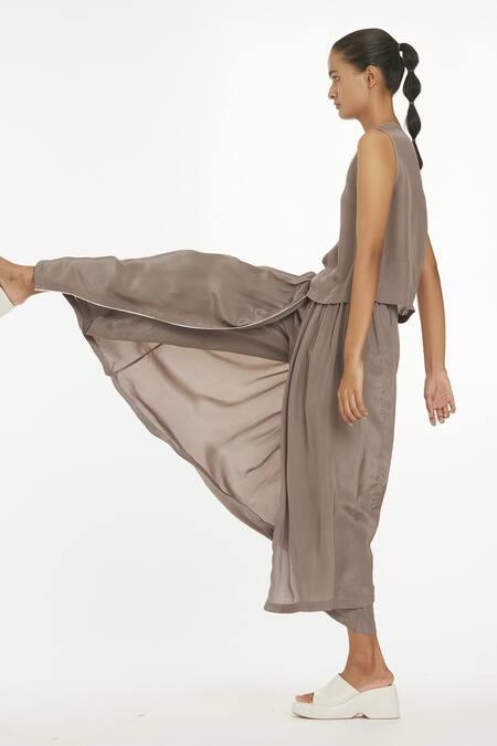 Three Grey Crepe Round Sleeveless Top And Overlay Pant Set Online at Aza Fashions Three_Grey Crepe Round Sleeveless Top And Overlay Pant Set _Online_at_Aza_Fashions