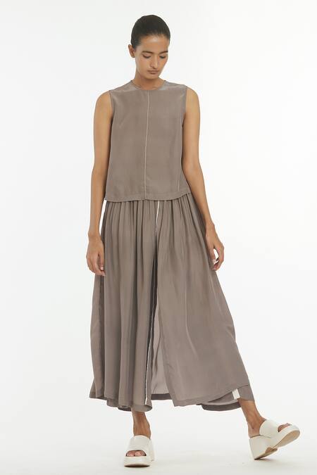 Buy Three Grey Crepe Round Sleeveless Top And Overlay Pant Set Online at Aza Fashions Buy_Three_Grey Crepe Round Sleeveless Top And Overlay Pant Set _Online_at_Aza_Fashions