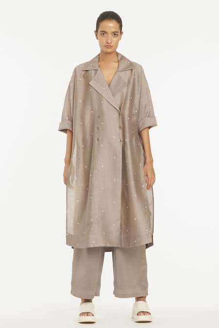 THREE Grey Chanderi And Cotton Mul Overlap Kaftan Style Tunic & Palazzo Set  