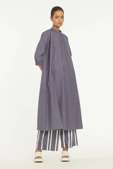 Three_Purple 100% Cotton Poplin Band Front Placket Tunic_Online_at_Aza_Fashions