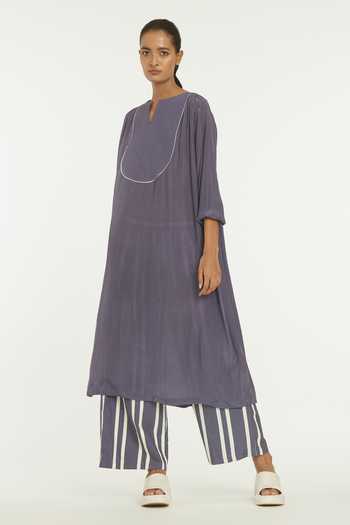 Three_Purple Crepe Notched Quilted Yoke Tunic_Online_at_Aza_Fashions