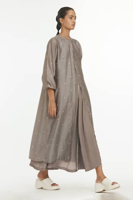 Three_Beige Chanderi Polka Dot Round Jacket_Online_at_Aza_Fashions