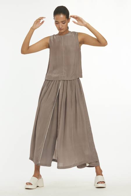 Three_Beige Crepe Pant With Attached Skirt  _Online_at_Aza_Fashions