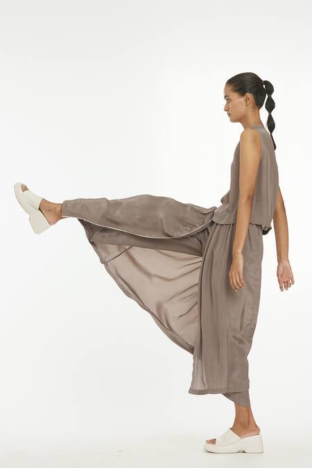 Buy_Three_Beige Crepe Pant With Attached Skirt  _Online_at_Aza_Fashions