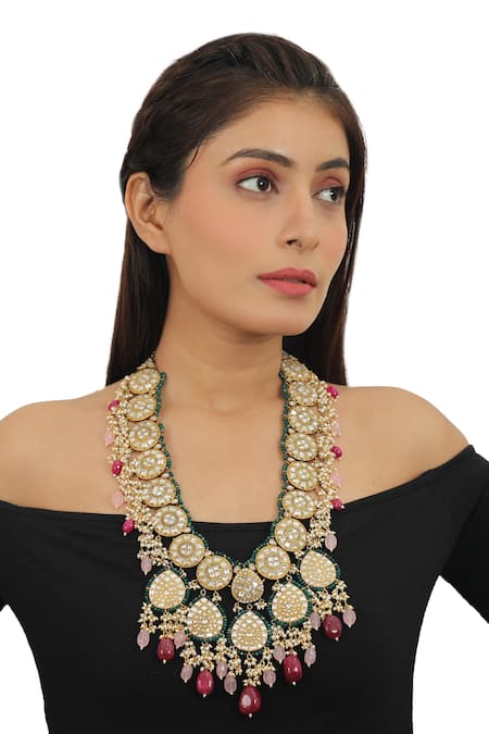 Riana Jewellery_Gold Plated Pearls Jadtar Stone Embellished Necklace Set _Online_at_Aza_Fashions