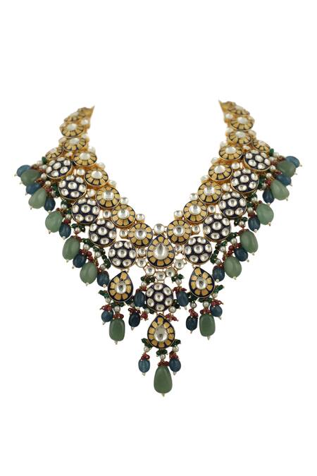 Riana Jewellery_Blue Pearls, Diamonds, Stones Meenakari Long Necklace Set _Online_at_Aza_Fashions