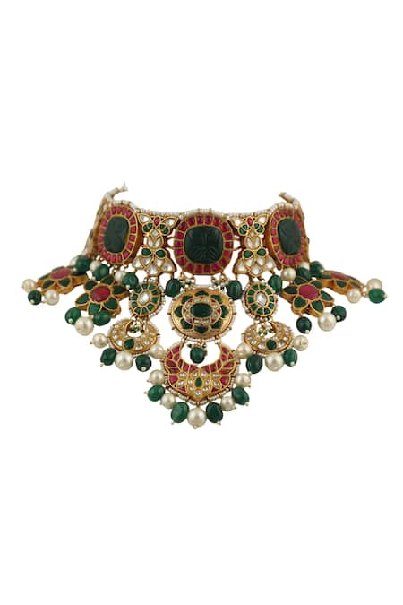 Riana Jewellery Gold Plated Pearls, Diamonds, Stones Floral Choker Set Online at Aza Fashions Riana Jewellery_Gold Plated Pearls, Diamonds, Stones Floral Choker Set _Online_at_Aza_Fashions