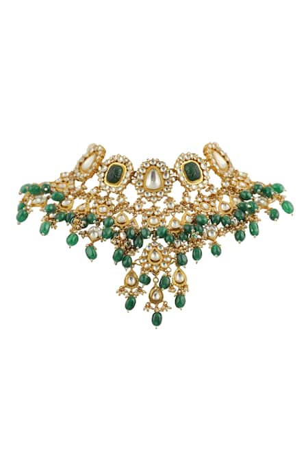 Riana Jewellery_Gold Plated Pearls, Stones Floral Embellished Choker Set _Online_at_Aza_Fashions