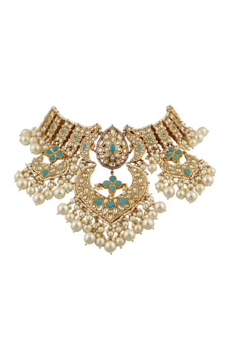 Riana Jewellery Blue Pearls, Diamonds, Crystals Drop Necklace Set Online at Aza Fashions Riana Jewellery_Blue Pearls, Diamonds, Crystals Drop Necklace Set _Online_at_Aza_Fashions