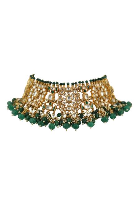 Riana Jewellery_Gold Plated Pearls, Diamonds, Crystals Geometric Stone Choker Set _Online_at_Aza_Fashions