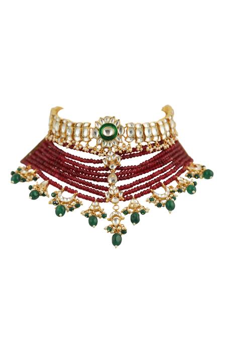 Riana Jewellery_Gold Plated Pearls, Diamonds, Stones Multi Beaded Layered Choker Set _Online_at_Aza_Fashions