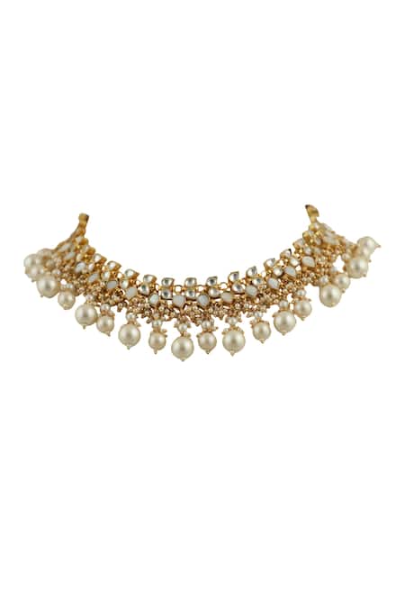 Riana Jewellery Gold Plated Pearls, Glitter, Stones Embellished Choker Set Online at Aza Fashions Riana Jewellery_Gold Plated Pearls, Glitter, Stones Embellished Choker Set _Online_at_Aza_Fashions