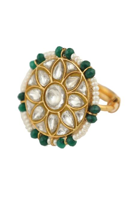 Riana Jewellery Gold Plated Pearls, Stones Jadau Floral Ring Online at Aza Fashions Riana Jewellery_Gold Plated Pearls, Stones Jadau Floral Ring _Online_at_Aza_Fashions