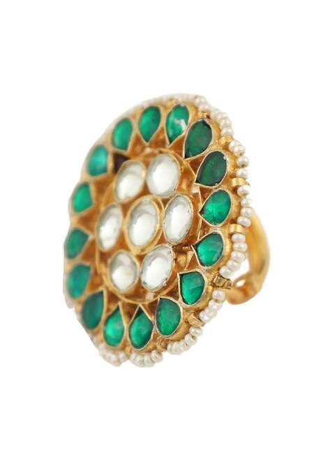 Riana Jewellery_Gold Plated Pearls, Stones Floral Jadtar Studded Ring _Online_at_Aza_Fashions