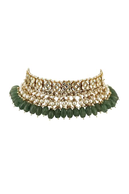 Buy_Riana Jewellery_Gold Plated Pearls, Diamonds, Stones Jadtar Choker Set _Online_at_Aza_Fashions