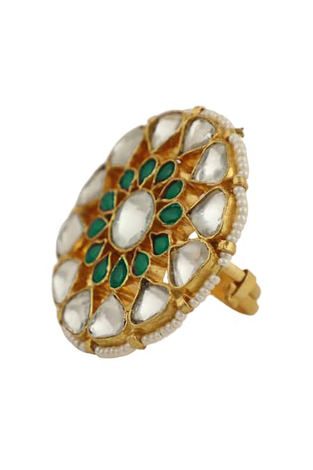 Riana Jewellery_Gold Plated Pearls, Diamonds, Stones Jadtar Ring _Online_at_Aza_Fashions