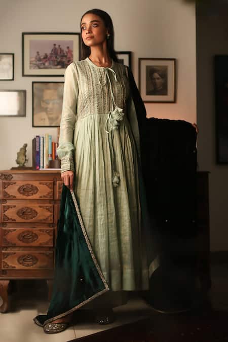 Rhua_Green Anarkali - Tissue Chanderi, Dupatta - Velvet, Pant- Embroidered Set_Online_at_Aza_Fashions