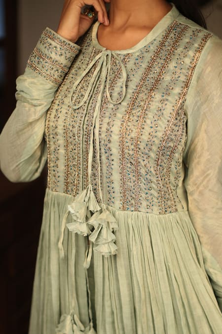 Shop_Rhua_Green Anarkali - Tissue Chanderi, Dupatta - Velvet, Pant- Embroidered Set_Online_at_Aza_Fashions