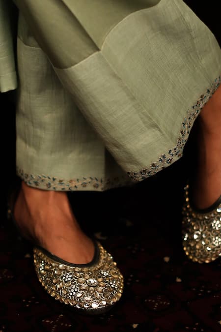 Rhua_Green Anarkali - Tissue Chanderi, Dupatta - Velvet, Pant- Embroidered Set_at_Aza_Fashions