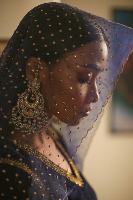 Shop_Rhua_Gold Blouse- Velvet, Dupatta- Organza, Lehenga- Banarasi Tissue Embroidered Set _Online_at_Aza_Fashions