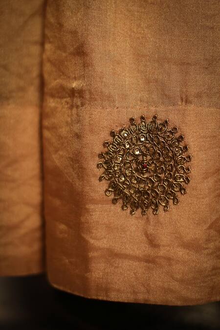 Rhua_Gold Blouse- Velvet, Dupatta- Organza, Lehenga- Banarasi Tissue Embroidered Set _at_Aza_Fashions