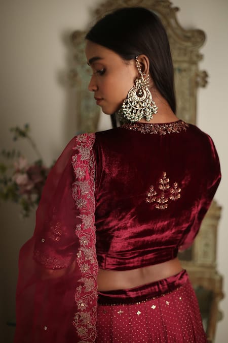 Shop Rhua Red Blouse Velvet, Dupatta Organza, Lehenga Polka Dot Leaf Neck Print Set at Aza Fashions Shop_Rhua_Red Blouse Velvet, Dupatta Organza, Lehenga Polka Dot Leaf Neck Print Set _at_Aza_Fashions
