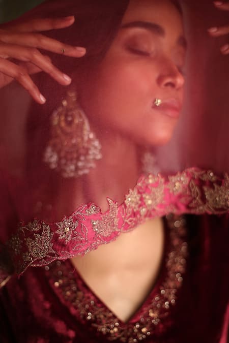 Shop Rhua Red Blouse Velvet, Dupatta Organza, Lehenga Polka Dot Leaf Neck Print Set Online at Aza Fashions Shop_Rhua_Red Blouse Velvet, Dupatta Organza, Lehenga Polka Dot Leaf Neck Print Set _Online_at_Aza_Fashions