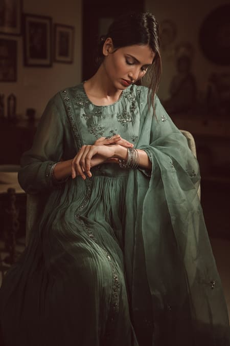 Rhua_Green Dupatta Organza, Kurta Chanderi, Pant, Slip Embroidered Anarkali Set _Online_at_Aza_Fashions