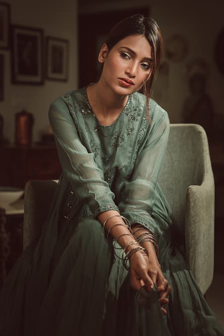 Buy_Rhua_Green Dupatta Organza, Kurta Chanderi, Pant, Slip Embroidered Anarkali Set _Online_at_Aza_Fashions