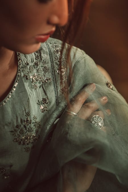 Shop_Rhua_Green Dupatta Organza, Kurta Chanderi, Pant, Slip Embroidered Anarkali Set _Online_at_Aza_Fashions