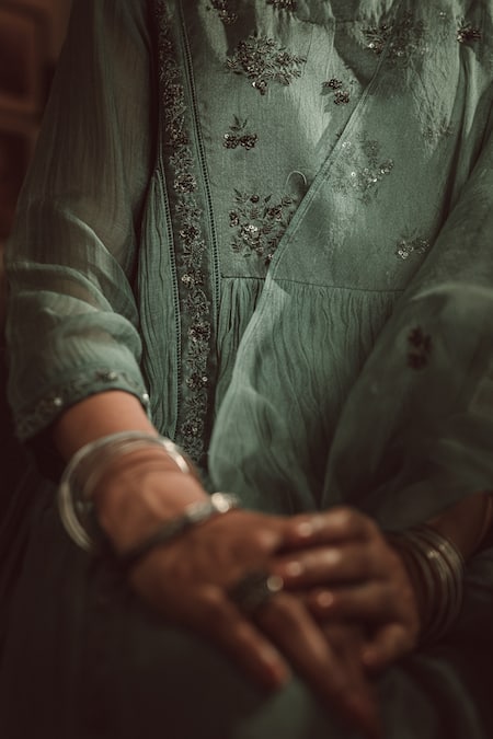 Rhua_Green Dupatta Organza, Kurta Chanderi, Pant, Slip Embroidered Anarkali Set _at_Aza_Fashions