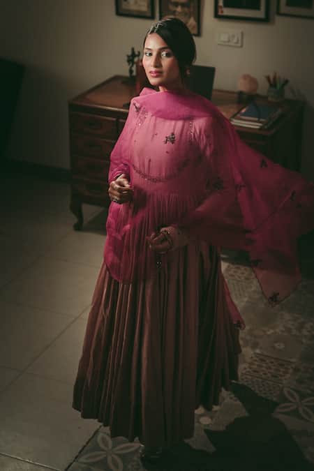 Rhua Pink Anarkali Chanderi, Dupatta Organza, Pant Cotton Silk Embroidered Set Online at Aza Fashions Rhua_Pink Anarkali Chanderi, Dupatta Organza, Pant Cotton Silk Embroidered Set _Online_at_Aza_Fashions