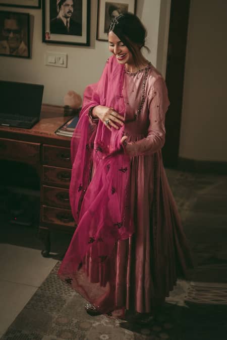 Buy Rhua Pink Anarkali Chanderi, Dupatta Organza, Pant Cotton Silk Embroidered Set Online at Aza Fashions Buy_Rhua_Pink Anarkali Chanderi, Dupatta Organza, Pant Cotton Silk Embroidered Set _Online_at_Aza_Fashions