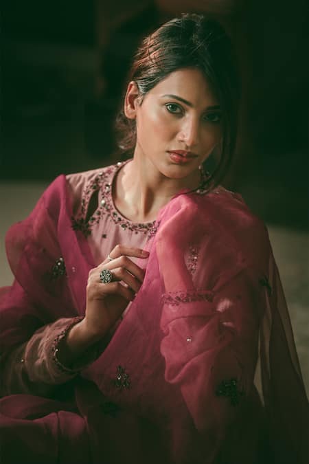 Shop Rhua Pink Anarkali Chanderi, Dupatta Organza, Pant Cotton Silk Embroidered Set Online at Aza Fashions Shop_Rhua_Pink Anarkali Chanderi, Dupatta Organza, Pant Cotton Silk Embroidered Set _Online_at_Aza_Fashions